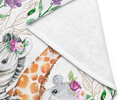 UNIQUE Violet Flowers Safari Ultra Soft Fleece Baby Blanket 30x40in, Cute Zebra Hippo Giraffe Baby Blanket, Girl