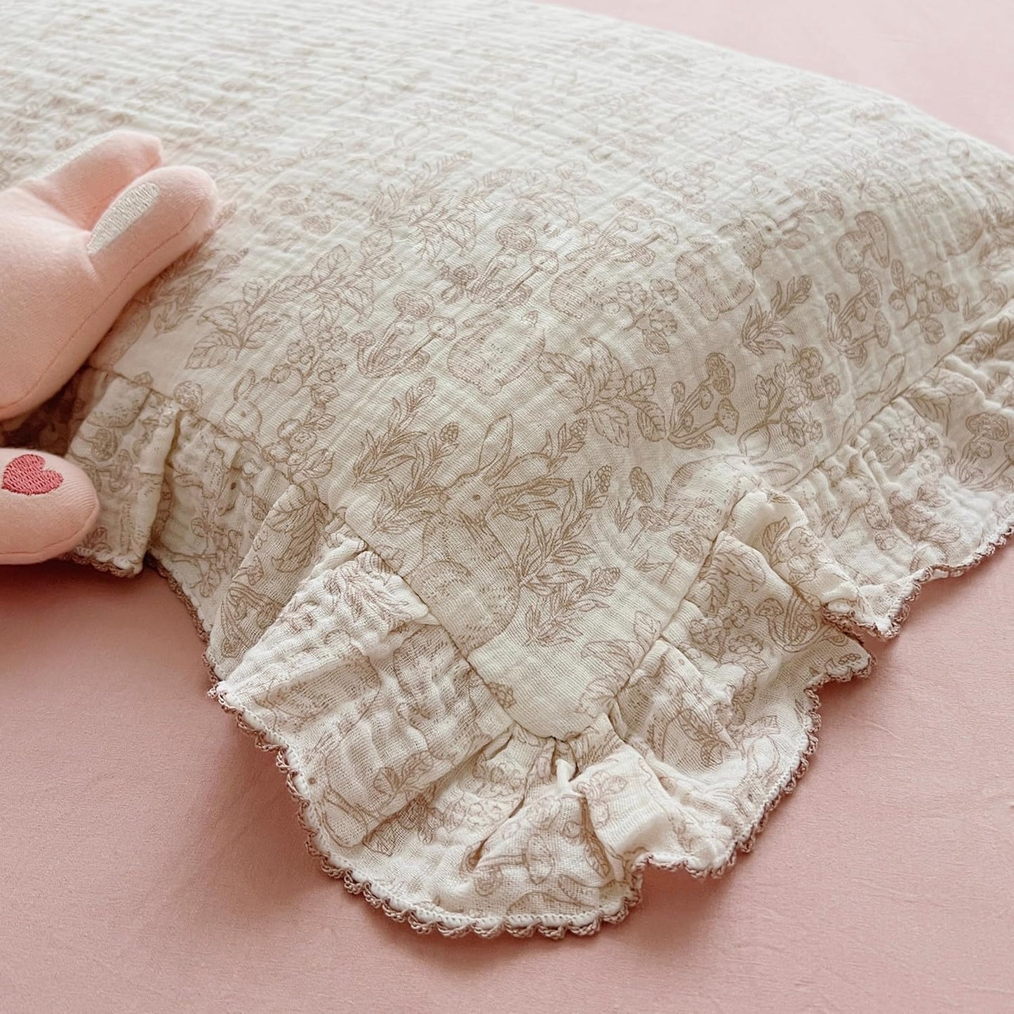 BuLuTu 100% Cotton Muslin Toddler Pillowcase with Ruffles Edges, Cute Rabbit Pattern Toddler Pillow Cover Soft Breathable Gauze Cotton Kids Pillow Cases for Boys,Girls, 1 Piece, 14"x20"