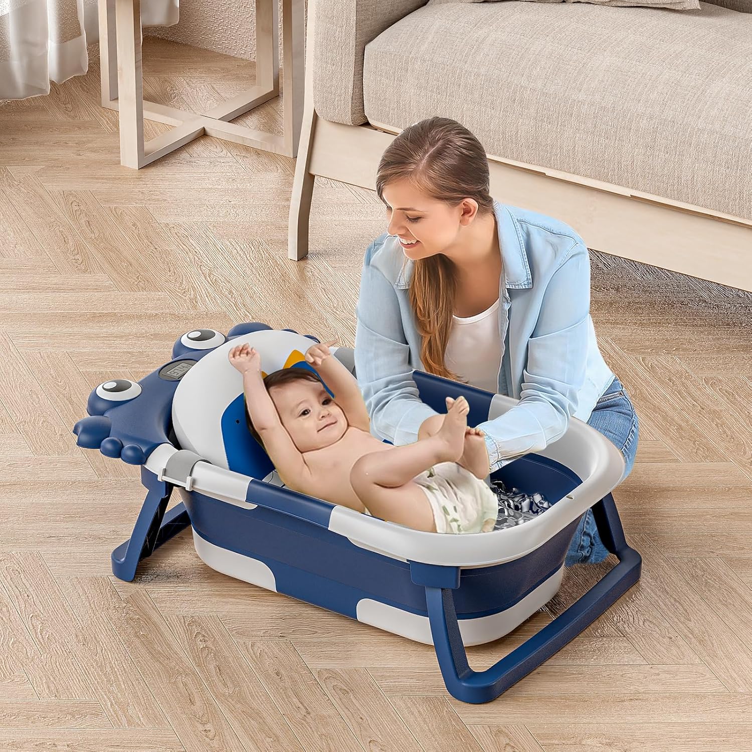 Collapsible Baby Bathtub for Newborns to Toddler with Real-time Temp Monitor & Floating