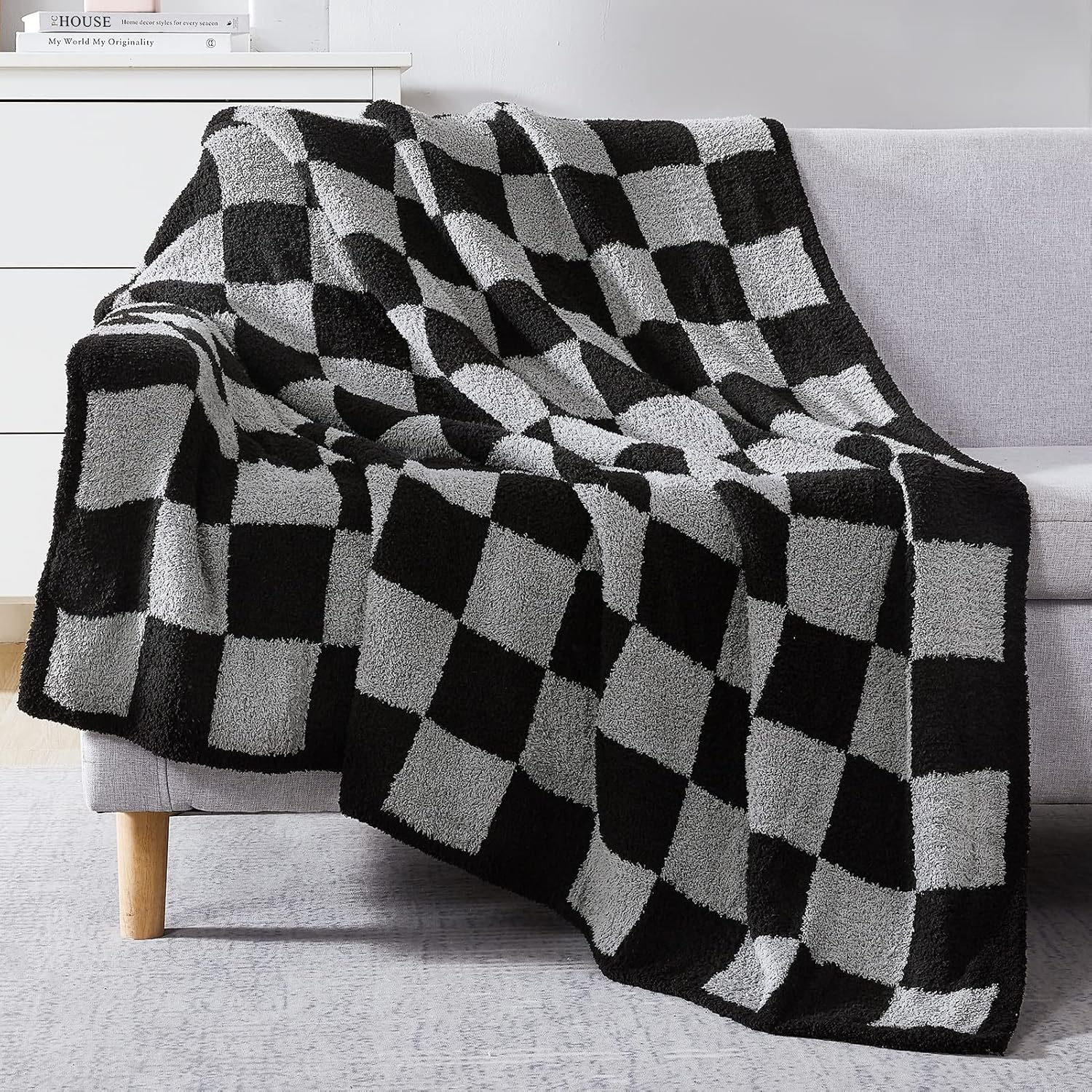 WRENSONGE Checkered Throw Blanket, Black Grey Checkered Soft Cozy Fluffy Warm Hand Made Weave Throw