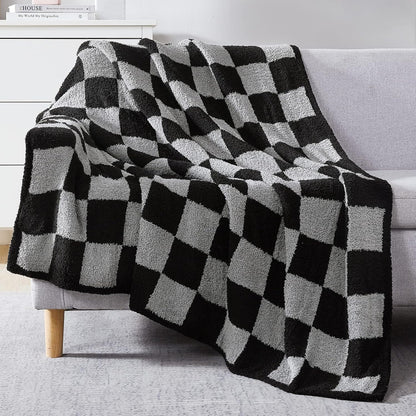 WRENSONGE Checkered Throw Blanket, Black Grey Checkered Soft Cozy Fluffy Warm Hand Made Weave Throw
