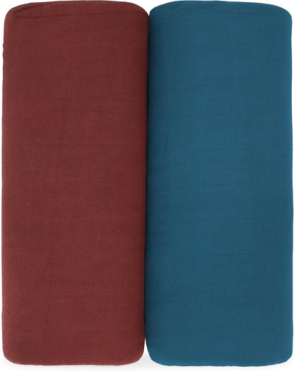 Comfy Cubs Muslin Swaddle Blankets Pack of 2 - 47 x 47 Inch Soft Cotton Baby Blanket Set, Large Multipurpose Wraps for Newborns - Self-Soothing Swaddles for Newborns - Wine & Neptune