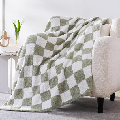WRENSONGE Checkered Throw Blanket, Sage Green Soft Cozy Fluffy Warm Hand Made Queen Throw Blankets