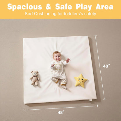 Padded 48" ×48" Baby Play Mat for Playpens, 1.3" Thick Foam Mat with Soft Vegan Leather, Baby Tummy Time Playmat for Floor, Fits 50" x50" Playpens