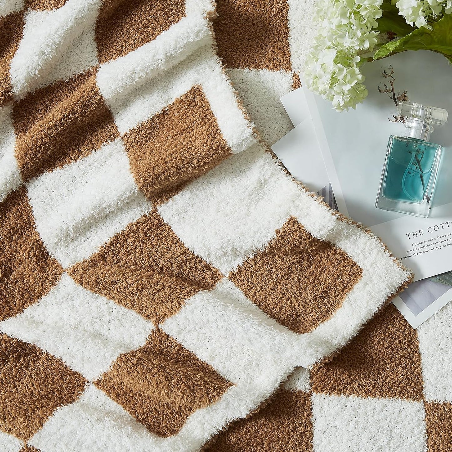 WRENSONGE Checkered Throw Blanket, Burnt Orange Soft Cozy Fluffy Warm Hand Made Throw Blankets for