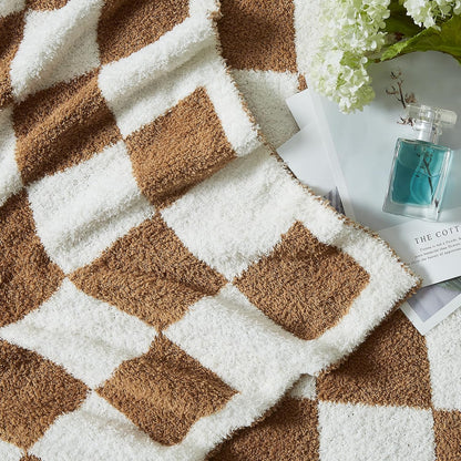 WRENSONGE Checkered Throw Blanket, Burnt Orange Soft Cozy Fluffy Warm Hand Made Throw Blankets for