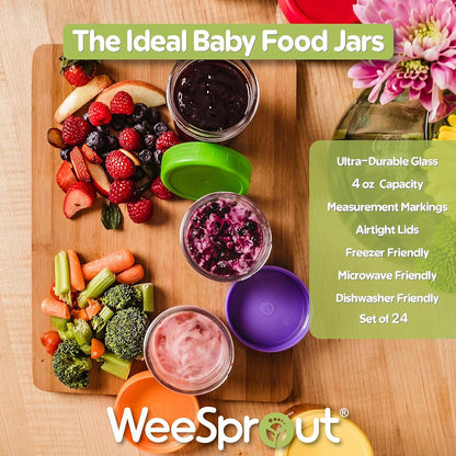 WeeSprout Baby Food Storage Glass Jars w/Lids (4 oz, 24 Pack) Bright Variety, Snack, Reusable Small