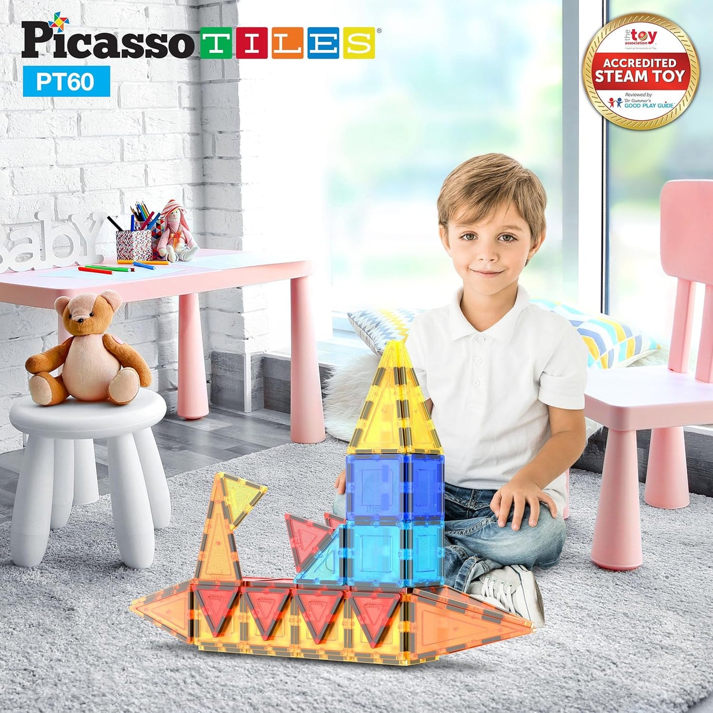PicassoTiles 60 Piece Set 60pcs Magnet Building Tiles Clear Magnetic 3D Blocks Construction Playboards - Creativity beyond Imagination, Inspirational, Recreational, Educational, Conventional