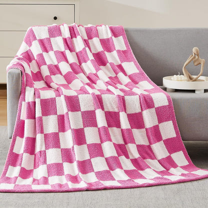 WRENSONGE Checkered Throw Blanket, Hot Pink Soft Cozy Fluffy Warm Hand Made Throw Blankets for