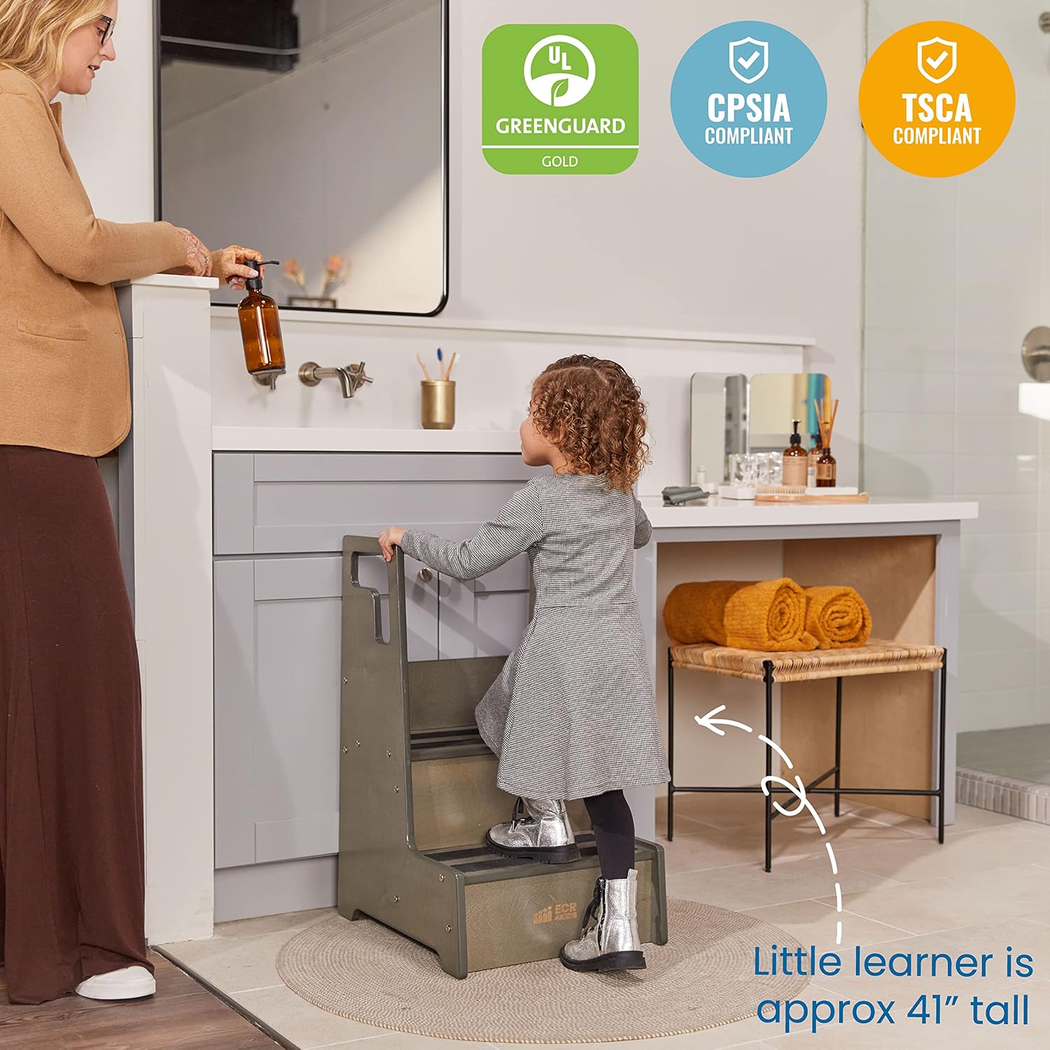 ECR4Kids Reach-Up Step Stool with Handles, Kids Furniture, Grey Wash