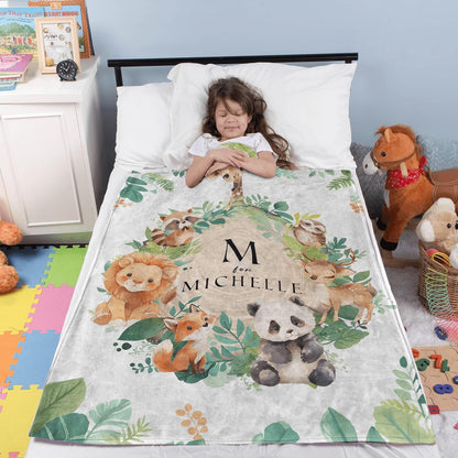 Jungle Safari Animals Greenery Monogram Baby Blanket, Personalized Custom Baby Throw Blanket with Name for Boys Newborn Son Daughter Grandson Granddaughter Toddler Birthday Bed Blanket