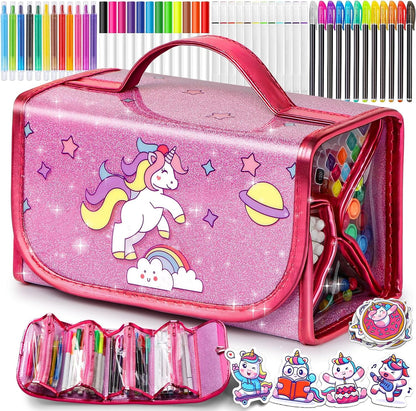 beefunni Unicorn Washable Markers Set 48 pcs with Glitte Pencil Case, Art Supplies for Kids Ages 4-6-8, Arts Crafts Coloring Set with Stickers - Birthday Gifts for Girls 4 5 6 7 8 9 Year Old