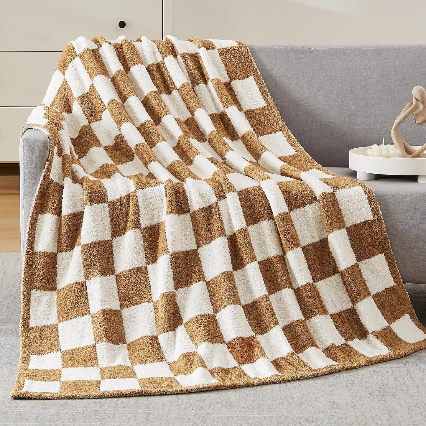 WRENSONGE Checkered Throw Blanket, Burnt Orange Soft Cozy Fluffy Warm Hand Made Throw Blankets for