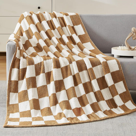 WRENSONGE Checkered Throw Blanket, Burnt Orange Soft Cozy Fluffy Warm Hand Made Throw Blankets for