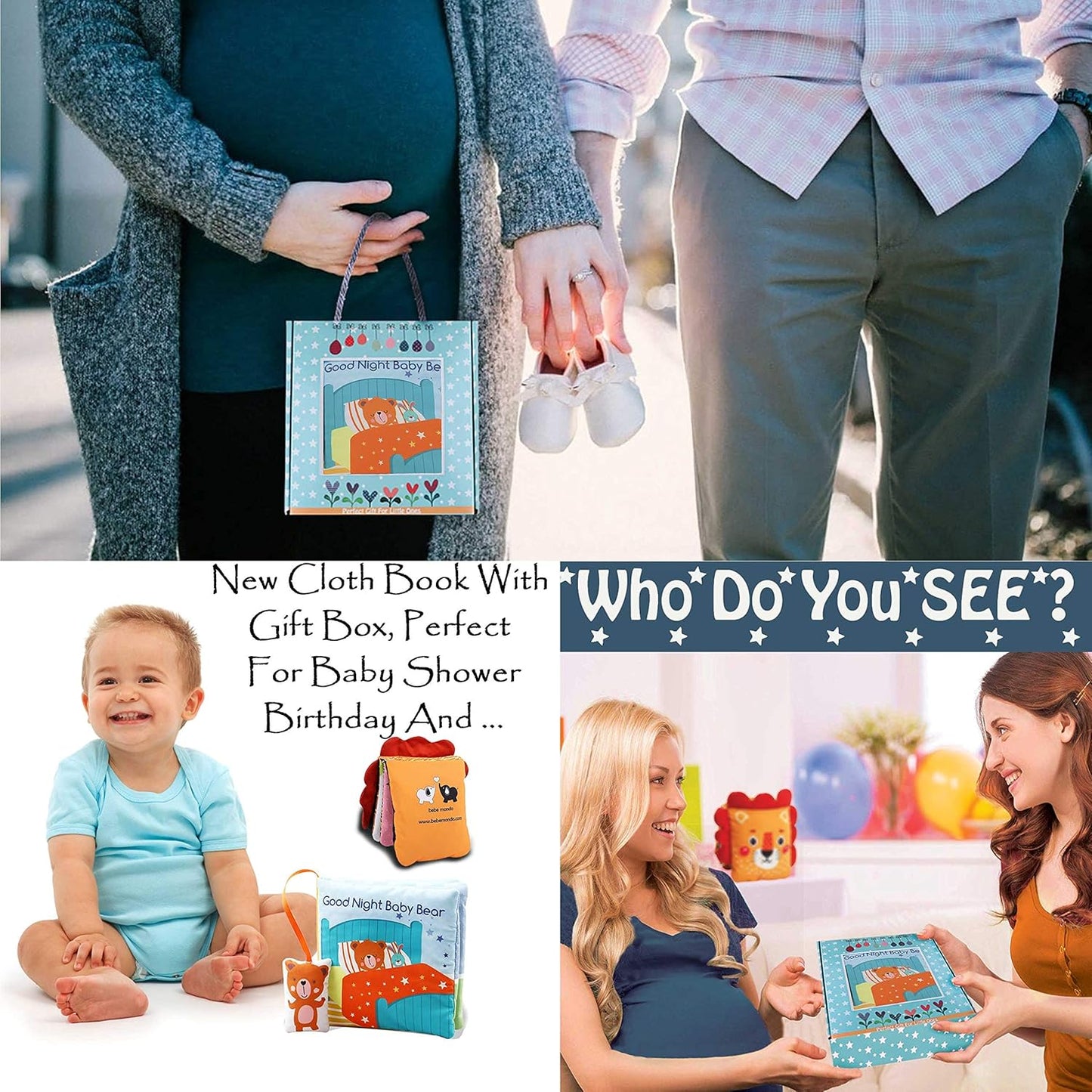 Teddy Bear Baby Book Activity Quiet Cloth Soft Books Developmental Toys Interactive Baby Books for Babies Toddlers Infants, Tummy Time Mirror Toy Gifts for Boys Girl, Goodnight W Box