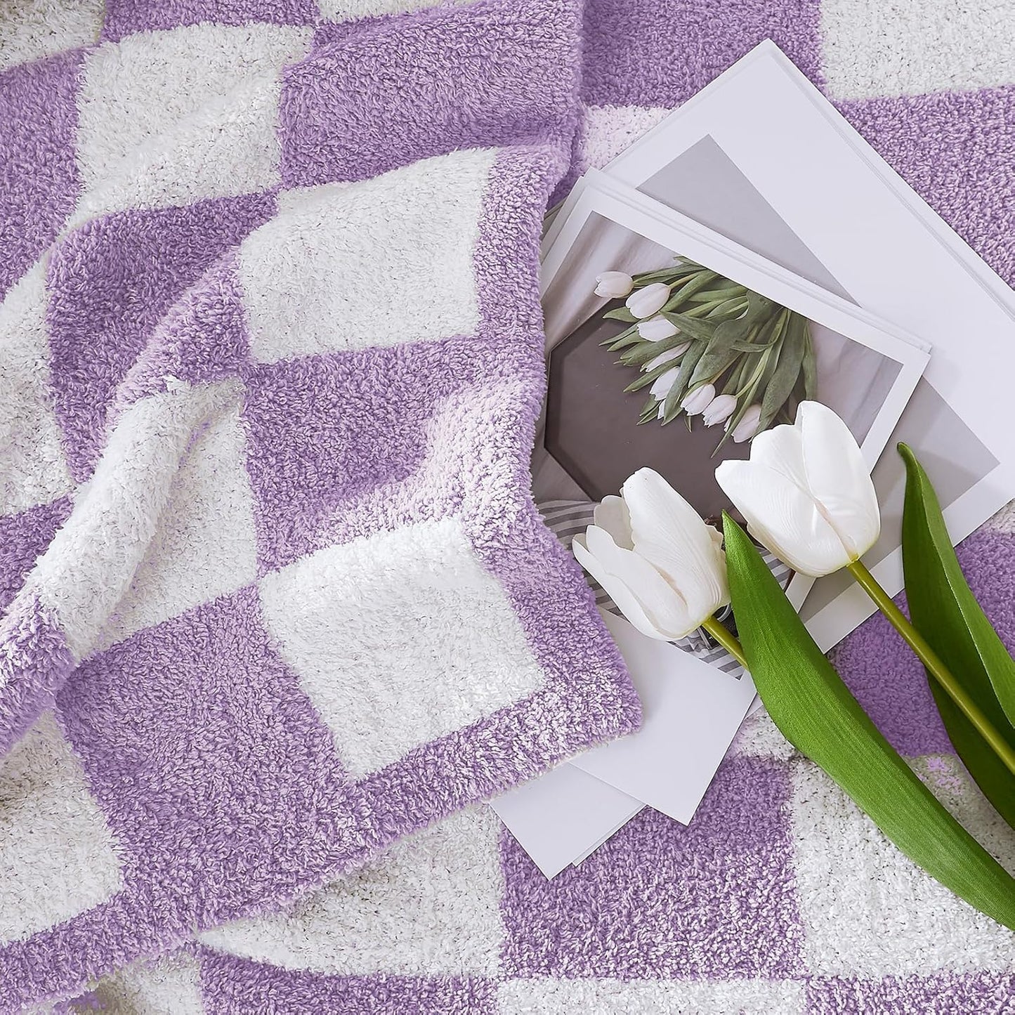 WRENSONGE Checkered Throw Blanket, Purple Soft Cozy Fluffy Warm Hand Made Throw Blankets for Couch