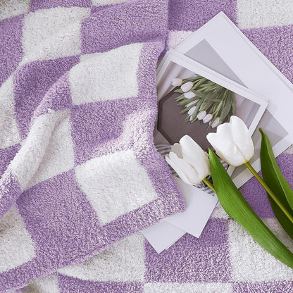 WRENSONGE Checkered Throw Blanket, Purple Soft Cozy Fluffy Warm Hand Made Throw Blankets for Couch