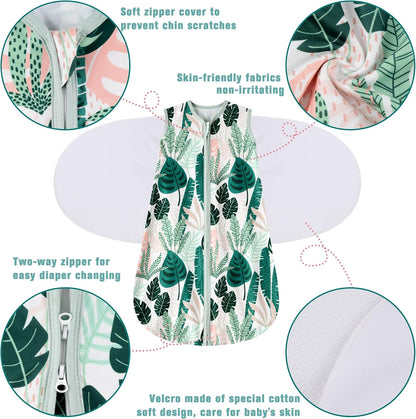 Newborn Sleep Sack Baby Swaddle,3-6 Months,3-Way Adjustable Wearable Blanket,100% Rayon Cotton Swaddling Sleeping Bag，TOG 0.5（Banana&Leaf）