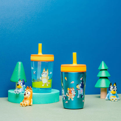 Zak Designs Bluey Kelso Tumbler Set, 15 fl.oz. Leak-Proof Screw-On Lid with Straw, Bundle for Kids