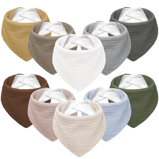 Susurration Muslin Baby Bibs 10Pack Baby Bandana Drool Bibs Soft Adjustable Newborn Bibs for Unisex Baby Girls & Boys (Basic)