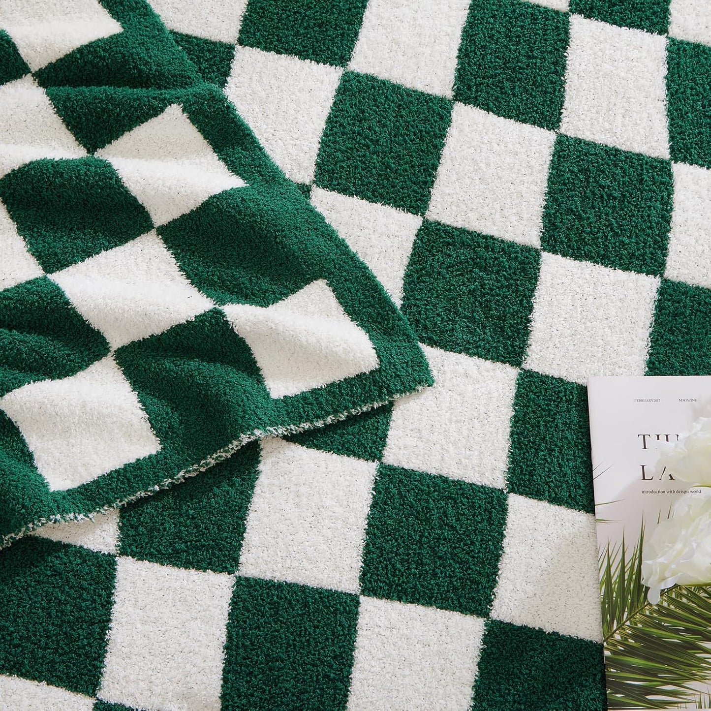 WRENSONGE Checkered Throw Blanket, Avocado Green Soft Cozy Fluffy Warm Hand Made Throw Blankets for
