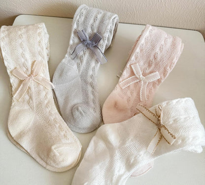 CHUNG Baby Girls Cotton Tights Thin Hollowed Summer with Bowknot Mesh Lace Fashion Toddler Footed Legging Pantyhose