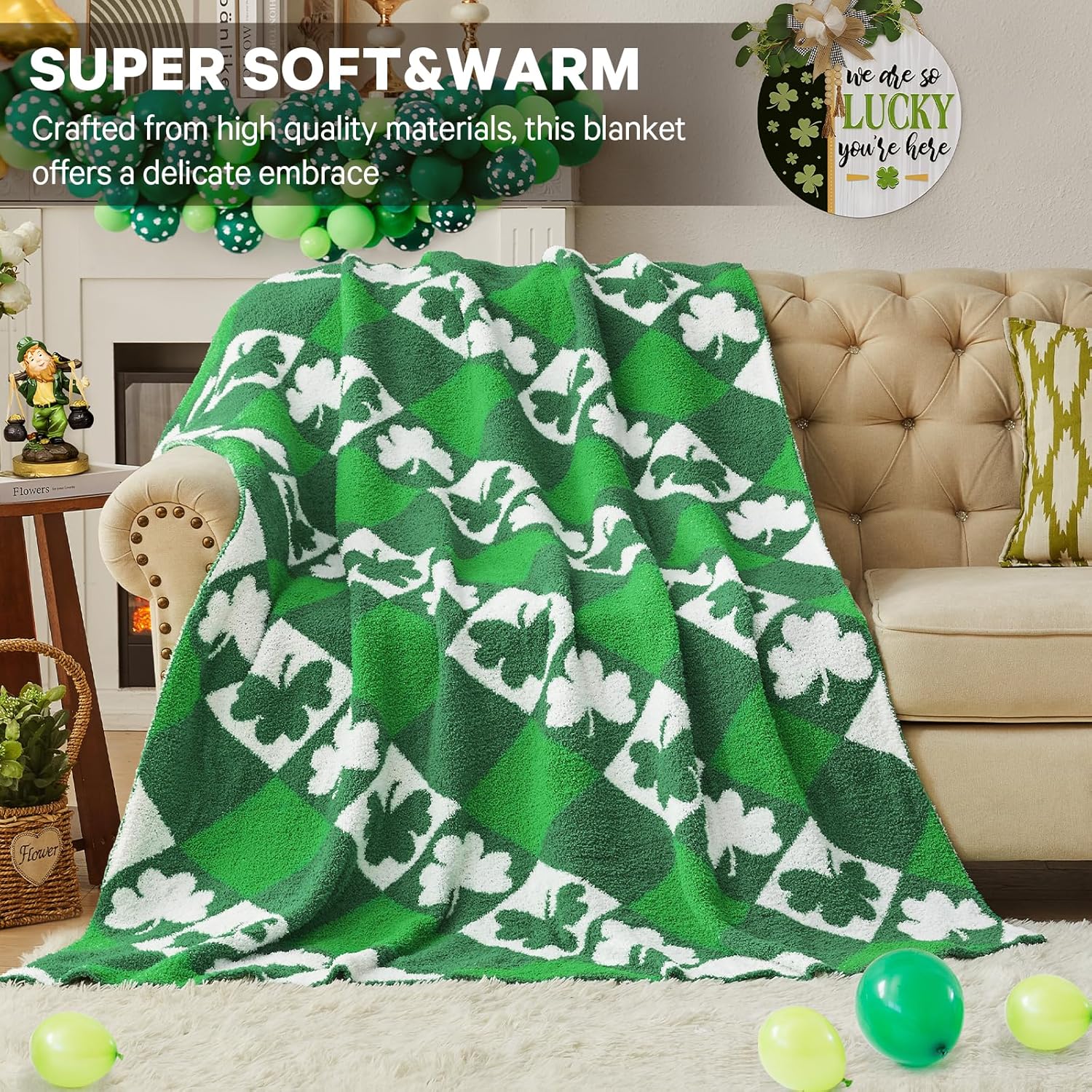 CYMULA St. Patrick's Day Knit Throw Blanket - Super Soft Lightweight Plush Shamrock Clover Blanket