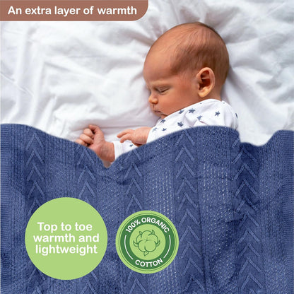 Organic Cotton Baby Blanket - 31.5 x 43.3 Inches, Soft Knitted Crib Blanket for Boys & Girls, Breathable Design (Blue)