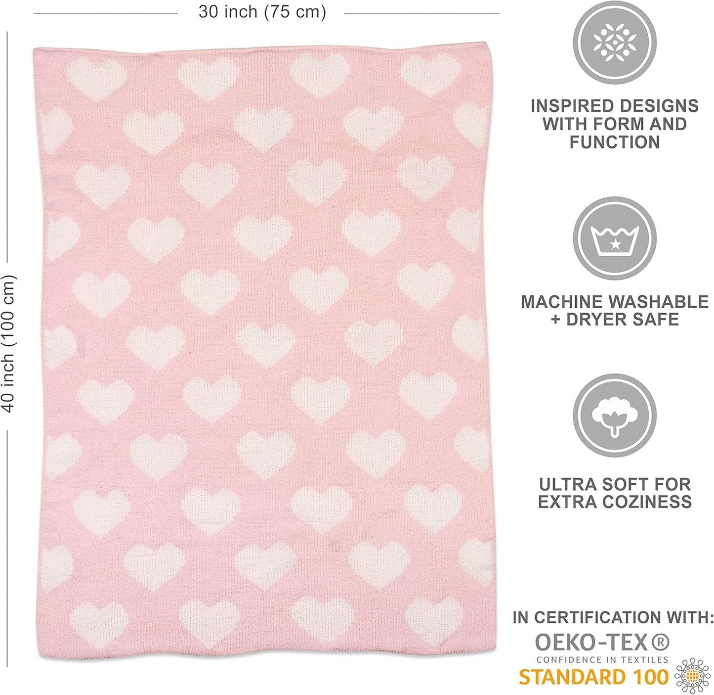 Living Textiles Pink Hearts Chenille Soft Baby Blanket Reversible Premium Cozy Fabric for Best