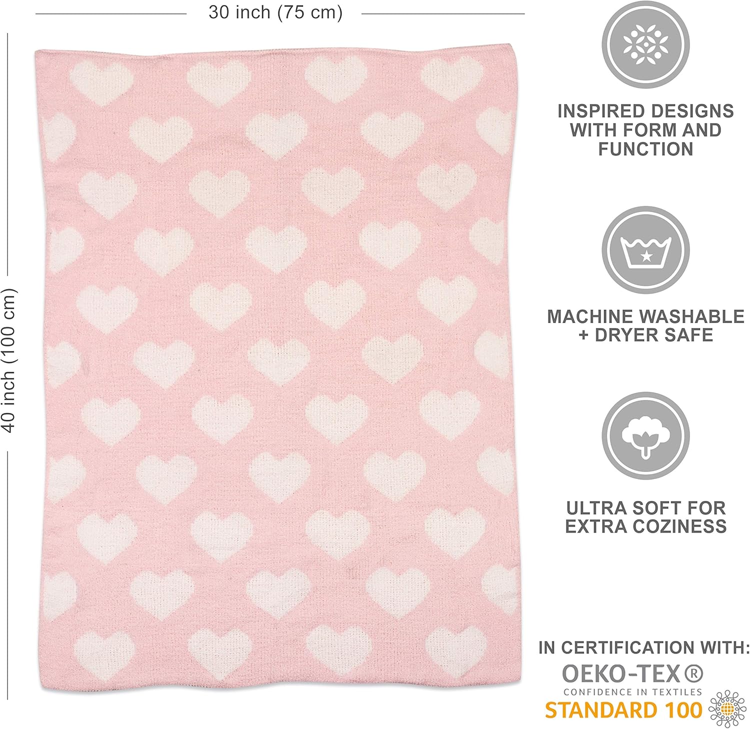 Living Textiles Pink Hearts Chenille Soft Baby Blanket Reversible Premium Cozy Fabric for Best