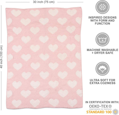 Living Textiles Pink Hearts Chenille Soft Baby Blanket Reversible Premium Cozy Fabric for Best