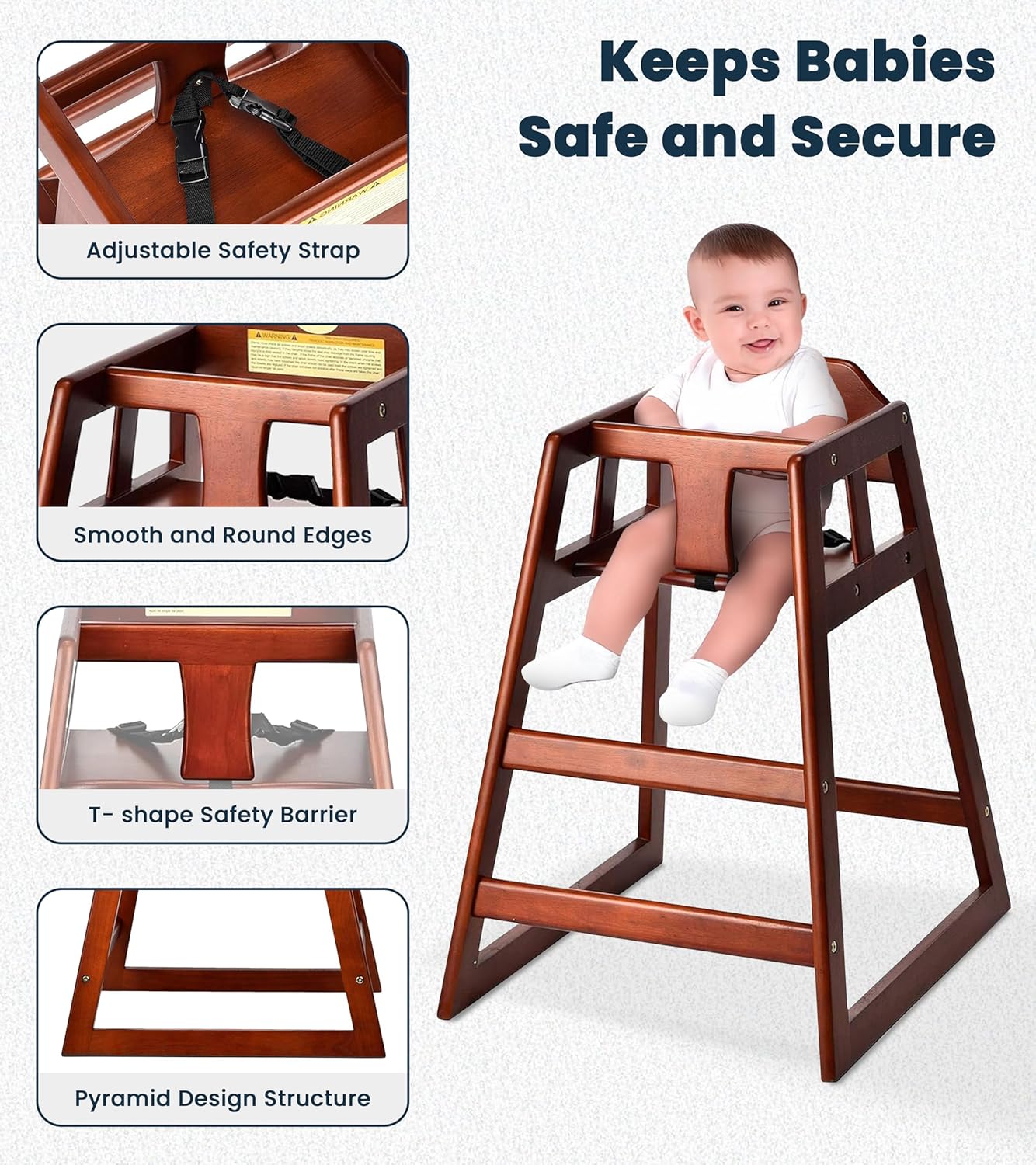 Alpine Wooden High Chairs for Babies and Toddlers with Safety Strap, Commercial Grade Restaurant