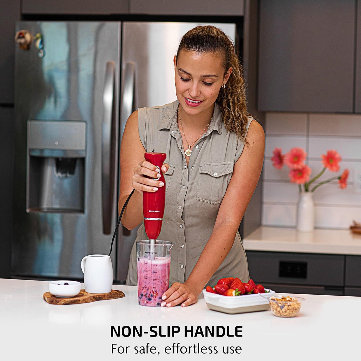 OVENTE Immersion Hand Blender, 300W Electric Handheld Portable Stick Mixer Set with 2 Mixing Speed