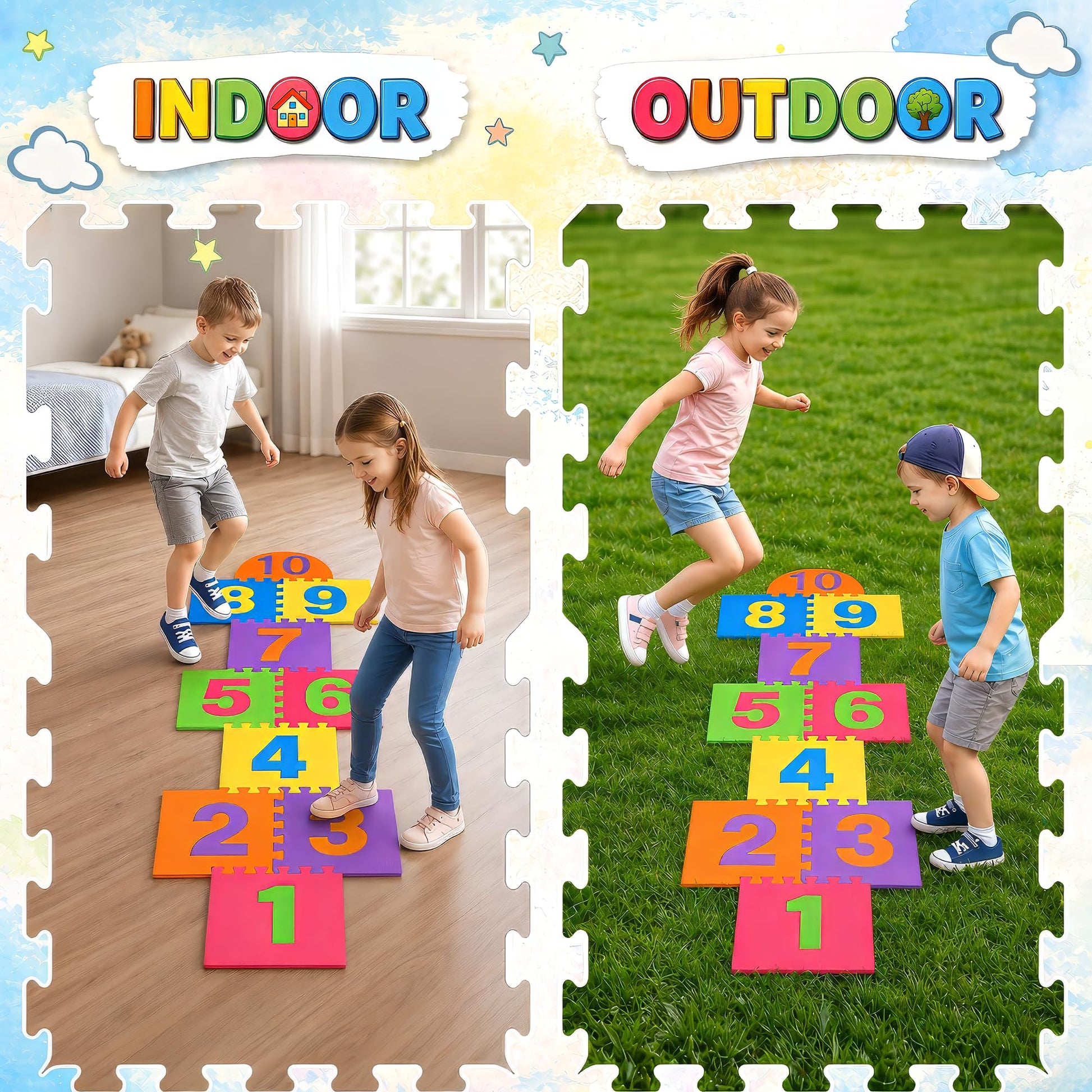 Hopscotch Playmat Foam Interlocking Puzzle Floor Mat - 10 Large Number Tiles (12" by 12" Square