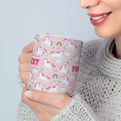 Personalized Mug for Kids - Pink Unicorn - Custom Name/Text, Ceramic Hot Chocolate/Cocoa/Coffee Cup for Girls, Birthday/Christmas/Holiday Gift - 11 oz, Light Blue Handle