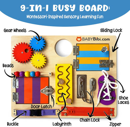 Montessori Busy Board for Toddlers - Safe, Durable Sensory Activity Board with Locks, Shoelaces & More - Perfect Educational Toy Built for Growth & Travel - 36 Months & Up - Color Edition