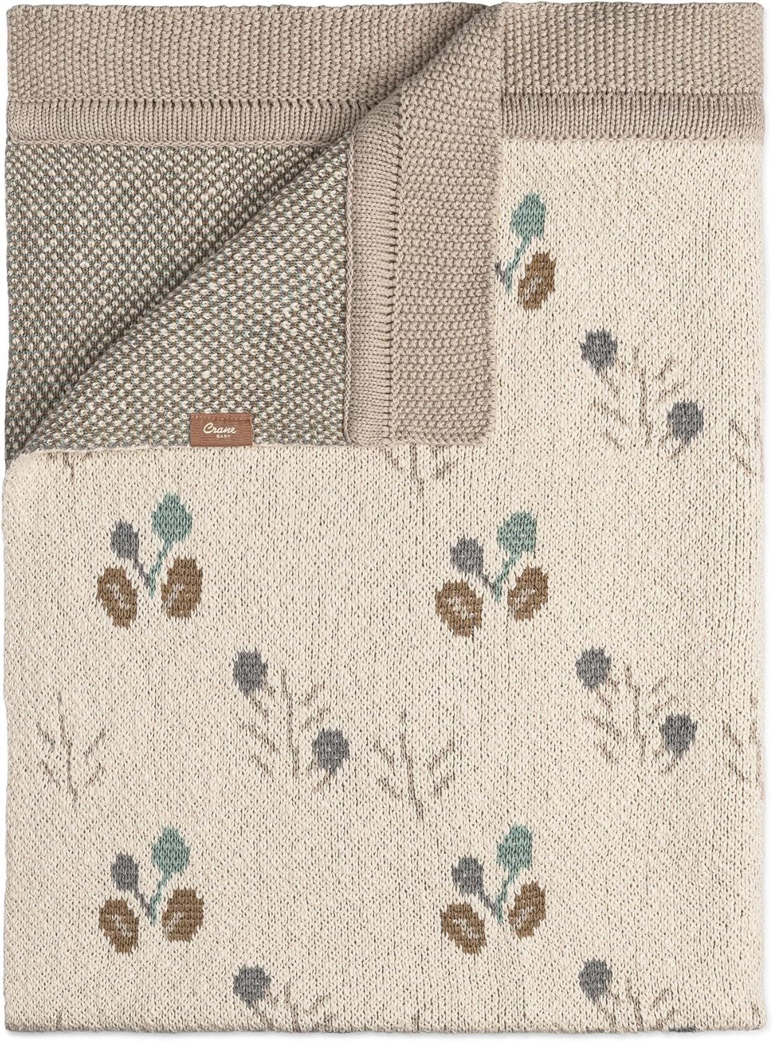 Crane Baby 100% Organic Cotton Knit Baby Blanket with Poppy Design, Soft Reversible Stroller and
