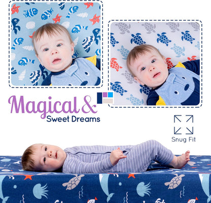 GROW WILD Blue Ocean Baby Crib Sheets for Boys (3 Pack) - Jersey Knit Fitted Sheet (52" x 28"), Toddler Bedding Set & Baby Boy Crib Bedding Set, Turtles and Sea Animals Theme