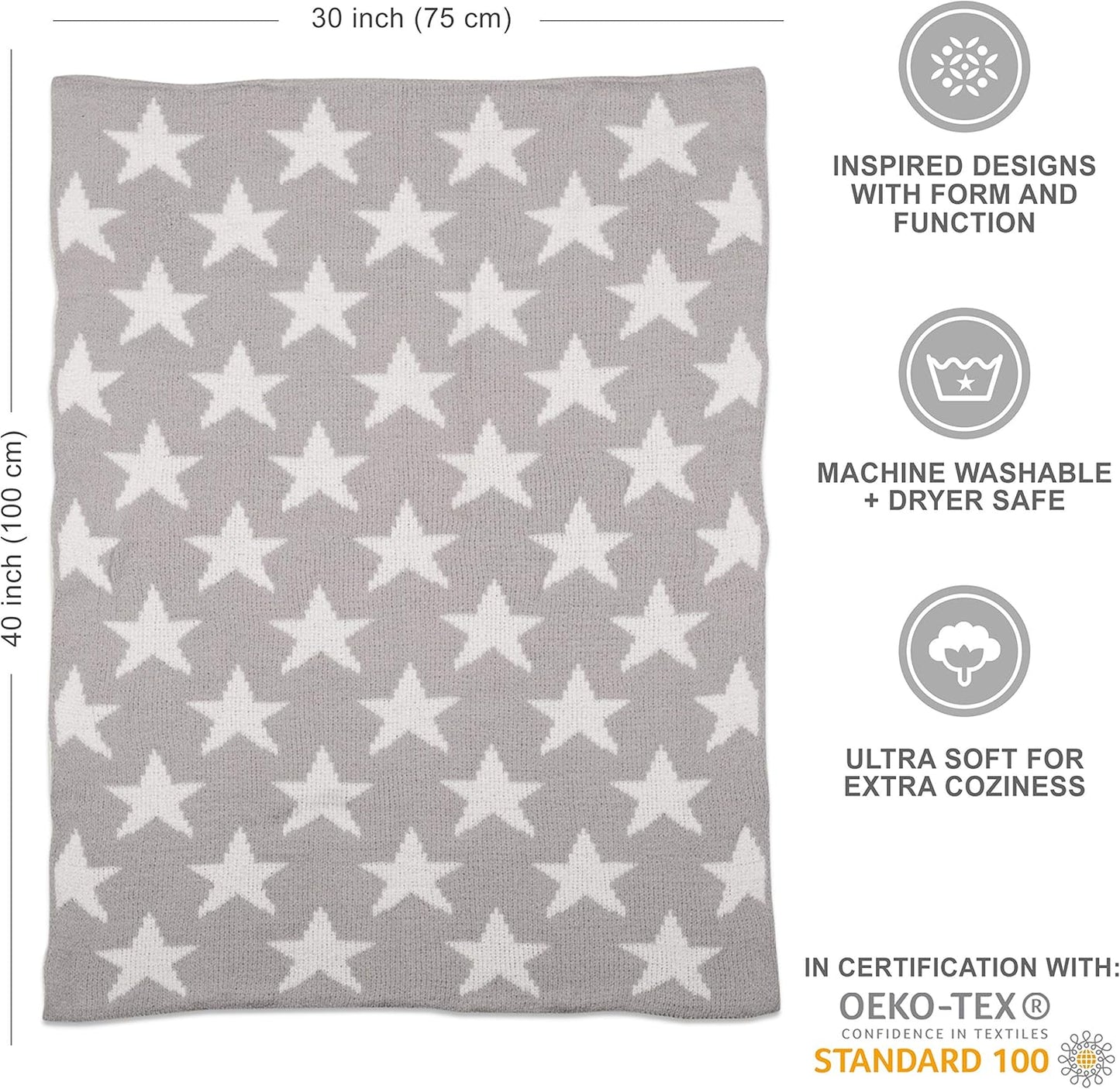 Living Textiles Grey Stars Chenille Soft Baby Blanket Reversible Premium Cozy Fabric for Best