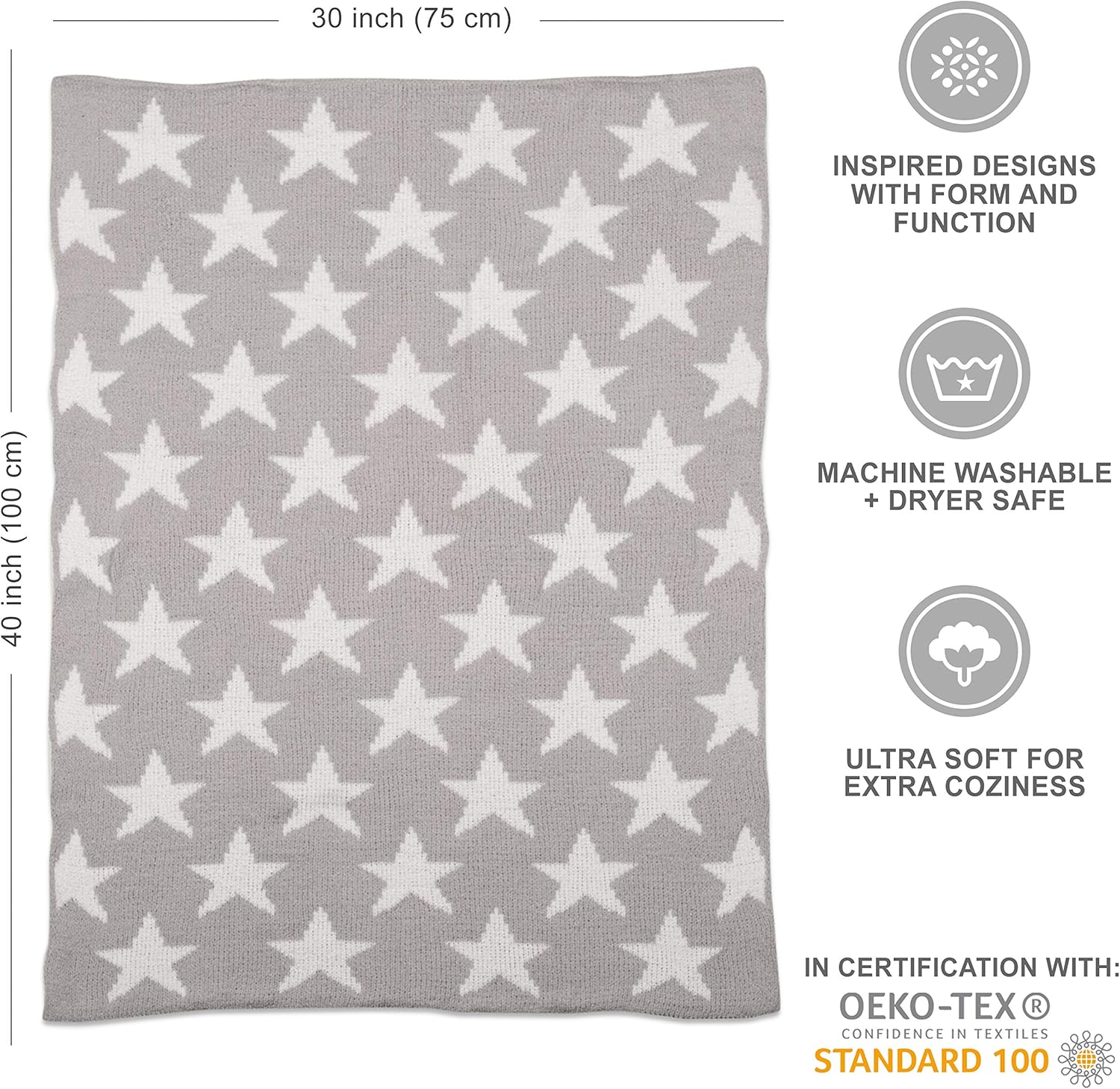 Living Textiles Grey Stars Chenille Soft Baby Blanket Reversible Premium Cozy Fabric for Best
