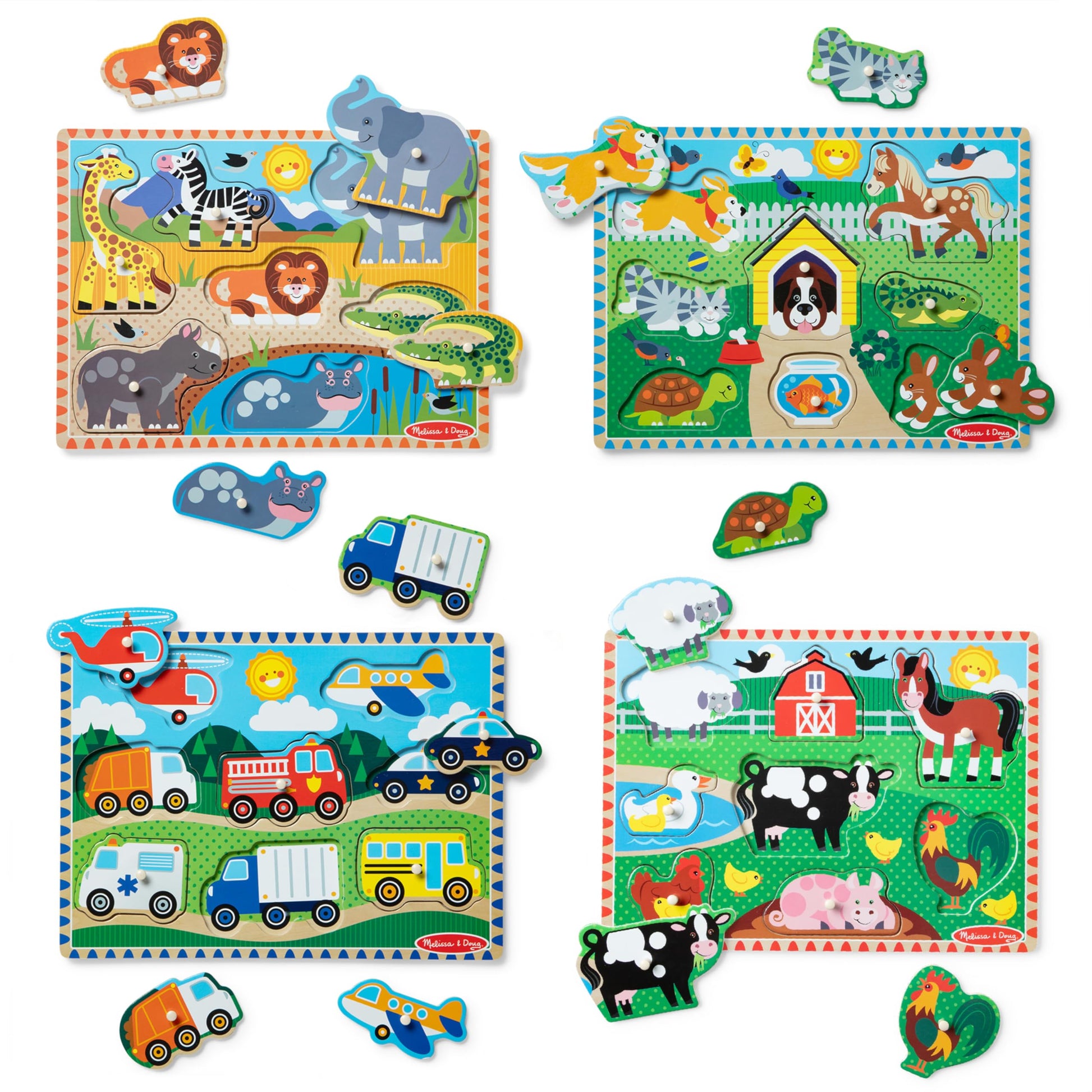 Melissa & Doug Wooden Peg Puzzle Set – 4-Pack Vehicle, Farm, Safari & Pet Animal Themes