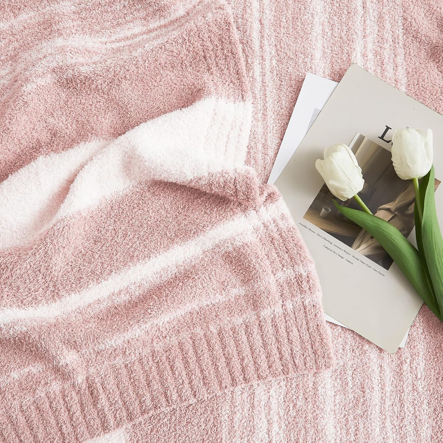 WRENGONGE Pink Throw Blanket, 50x70 Soft Cozy Striped Throw Blankets for Couch, Sofa, Bed, Travel