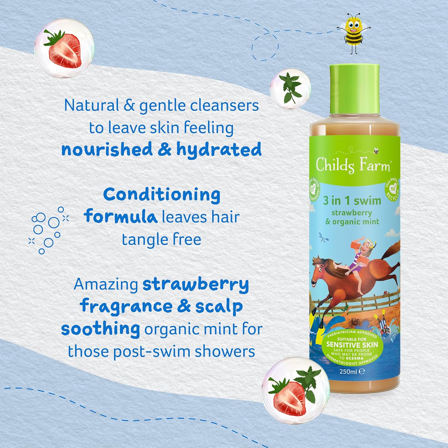 Childs Farm, Kids 3 in 1 Swim, Strawberry and Organic Mint, Body Wash, Shampoo and Conditioner
