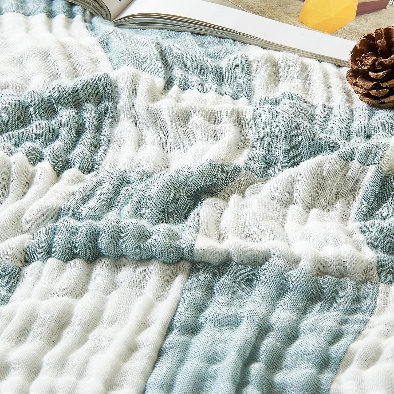 EMME Checkered Cotton Blanket Twin Large 60"x80" 100% Muslin for Couch Breathable Cooling Gauze All
