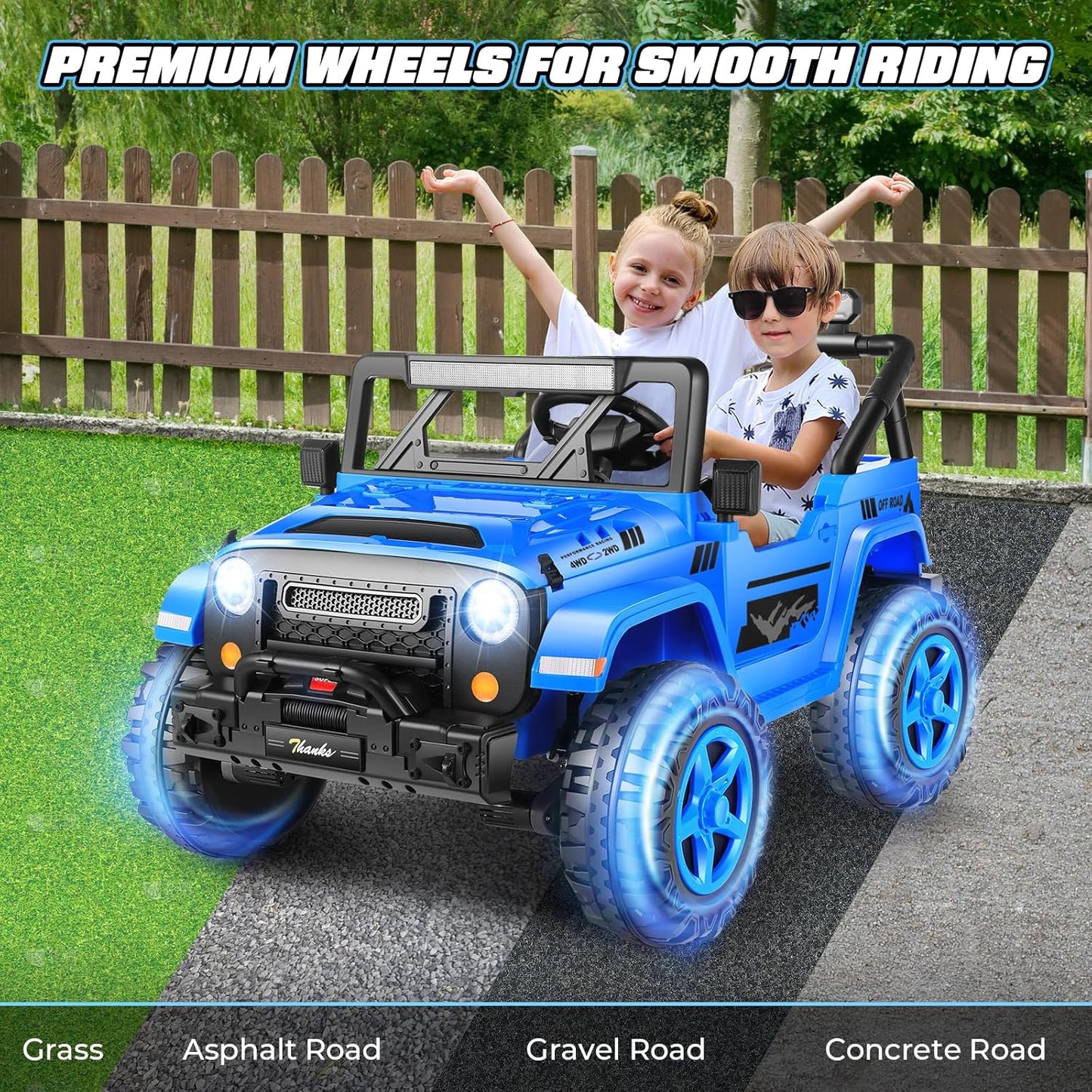 Hikole 24V Kids Ride on Car - 2 Seater, 4WD/2WD Switch, 4x200W Motor, Remote Control, 3 Speeds, LED Lights, Safety Belt, Off-Road Electric Vehicles for Boys Girls, Blue