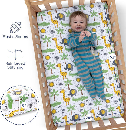 Fitted Nautical Crib Sheets (3 Pack) by GROW WILD - Jersey Knit Cotton Crib Sheet for Boys, Toddler Bed Mattress & Baby Boy Crib Bedding Set, 52” x 28” x 9” Crib Sheets (Safari Animals)