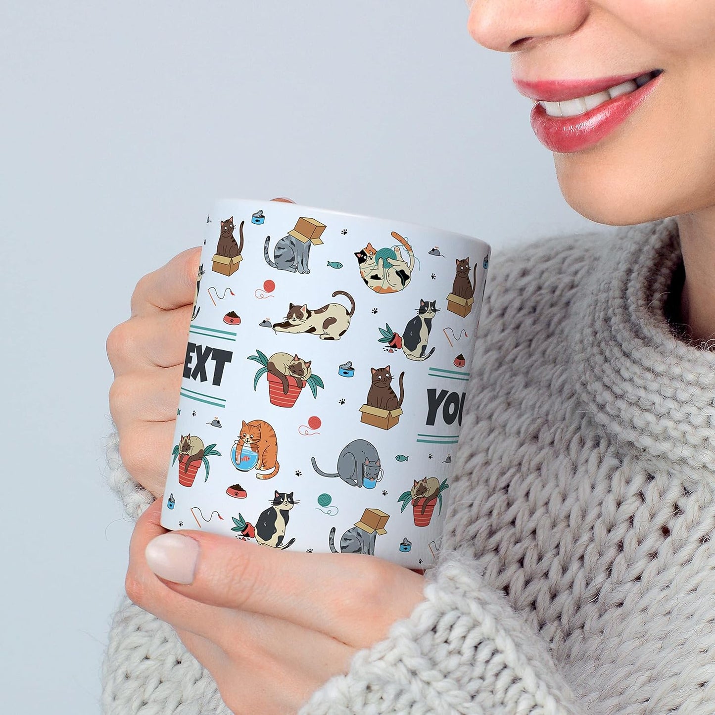 Personalized Mug for Kids - Cats - Custom Name/Text, Ceramic Hot Chocolate/Cocoa/Coffee Cup for Boys/Girls, Birthday/Christmas/Holiday Gift - 15 oz, White Handle