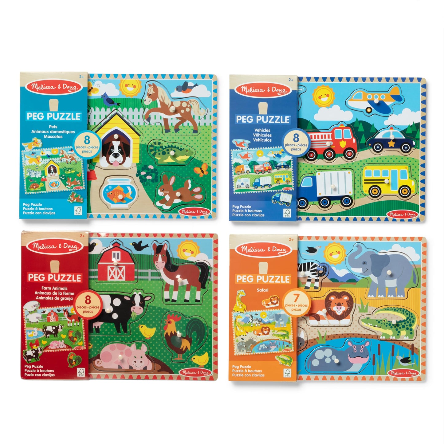 Melissa & Doug Wooden Peg Puzzle Set – 4-Pack Vehicle, Farm, Safari & Pet Animal Themes