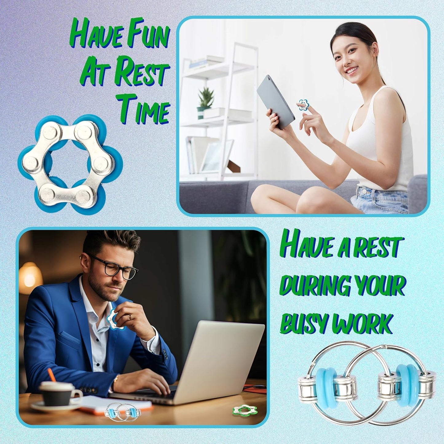 Sensory Fidget Toy 10 Set Roller Bike Chain Fidget Spinner and Marble Fidget Stress Pea Pod Stress Relief Tools, Spiky Sensory Finger Rings for Kids and Adults with Attention Disorder