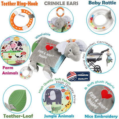 Elephant Touch and Feel Baby Books Toys 0-6 Months, Loveys Crinkle Books for Babies,Infant Toys 6-12-18 Months 1-2 Year Old, Baby Shower Easter Gifts Soft Cloth Book Teething Rattle for Boys Girls